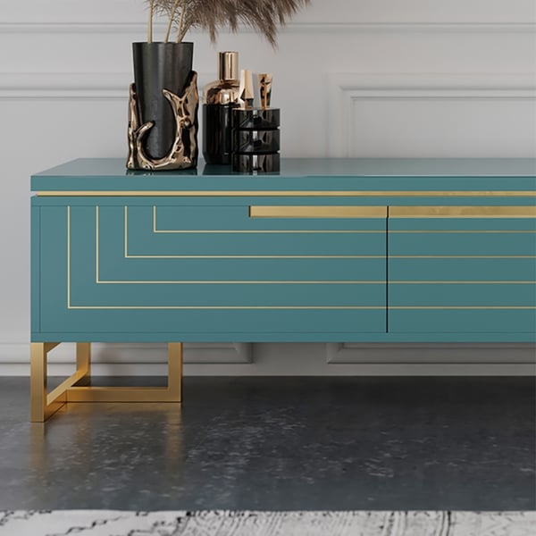 78" Modern Blue TV Stand Tempered Glass Top with 3 Drawers in Gold