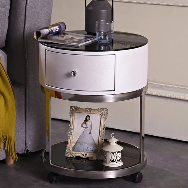 Chrome Nightstand Round Tempered Glass Top Leather Upholstery with
