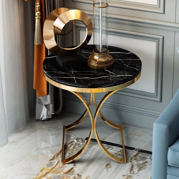 Modern Luxurious Round Black Marble Stone Side Table XBase End Table in Gold Homary