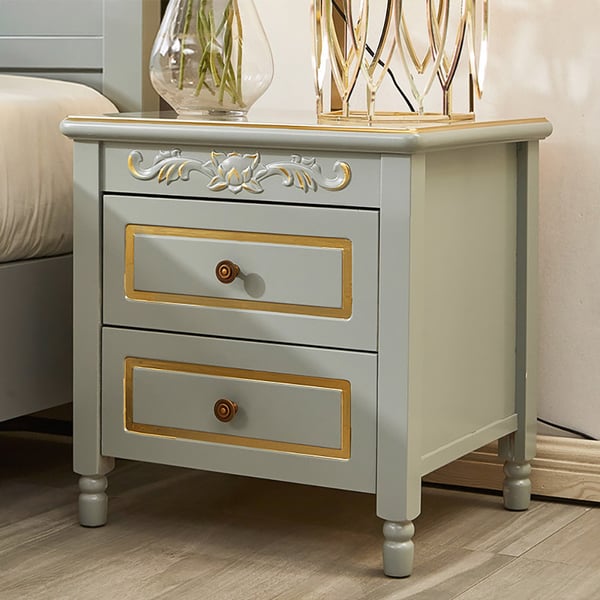 Grey Nightstand American 2Drawer Gild Florally Embossed Bedside