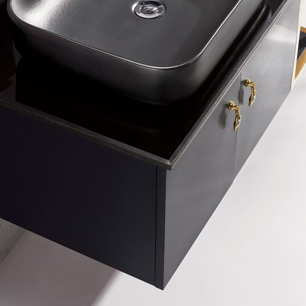 35.4" Black Floating Bathroom Vanity Faux Marble Top Single Ceramic