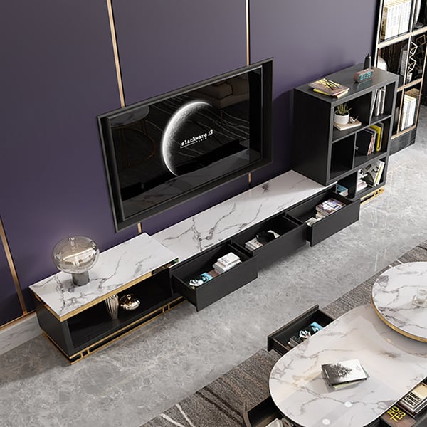 Modern White TV Stand Retracted & Extendable 3Drawer 94" Media Console