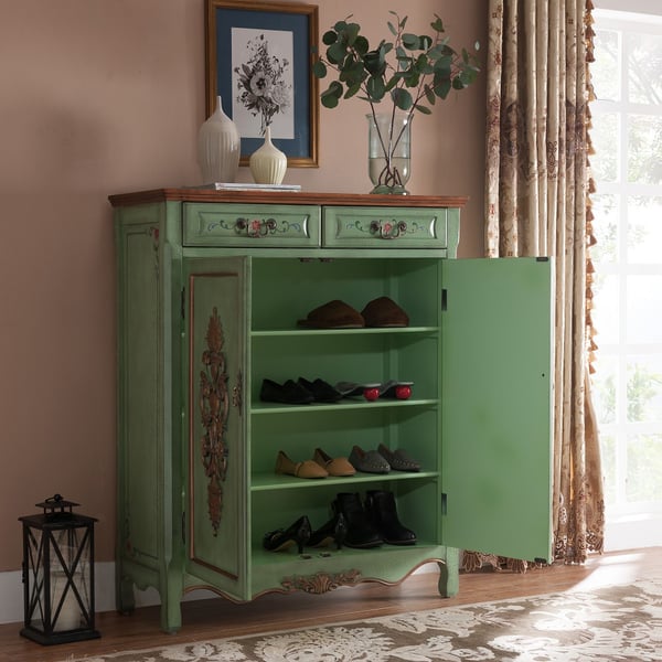 Vintage Green Shoe Cabinet Florally Patterned & Embossed 16 Pairs Shoe | Homary