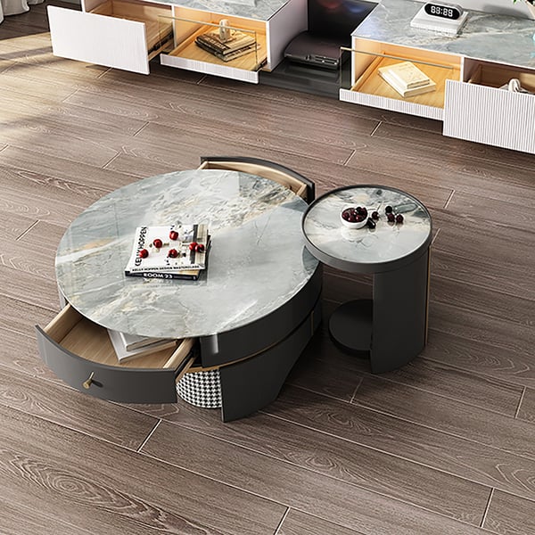Modern Nesting Storage Coffee Table Set Sintered Stone Top with Stool ...