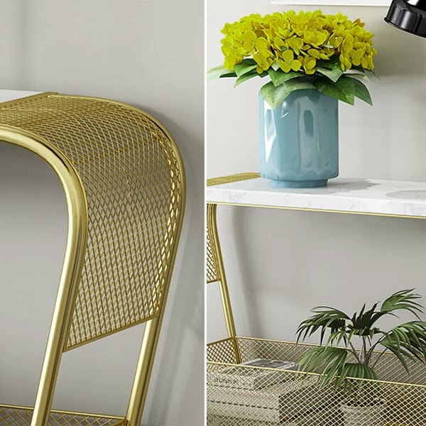 White Modern Luxury Faux Marble Narrow Console Table with Shelf