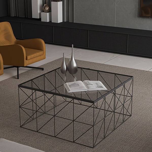 760mm Modern Square Black Glass Coffee Table with Steel Base Homary UK