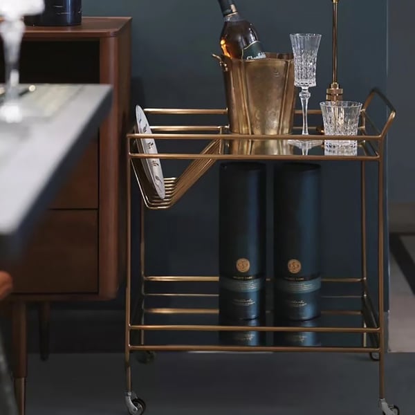 Gold Modern 2Tier Rolling Serving Bar Cart with Wheels Mirror Tray
