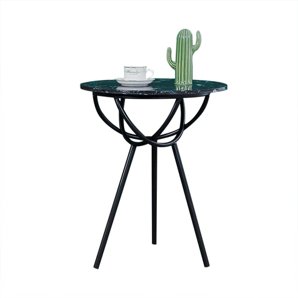 Modern Black Round End Table Marble Top & Metal Pedestal Small Side