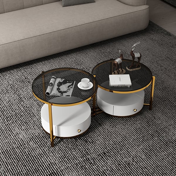 1220mm Round Coffee Table Glass Top & Metal Frame with 2 Drawers in