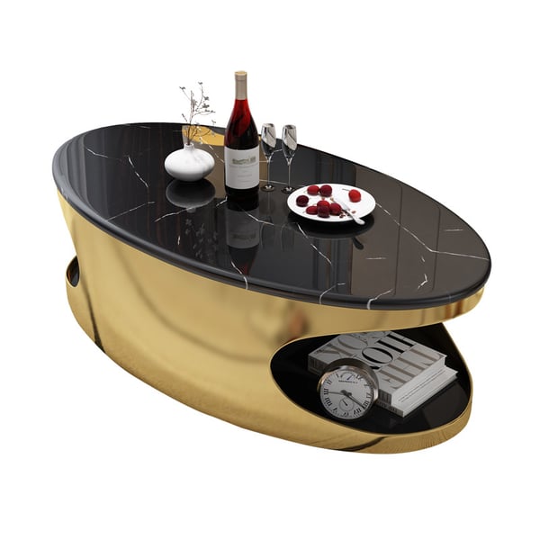 Oval Black Faux Marble Gold Coffee Table with Storage Stainless Steel Modern Accent Table Homary