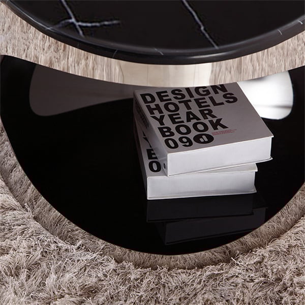 Oval Black Faux Marble Chrome Coffee Table with Storage Stainless Steel