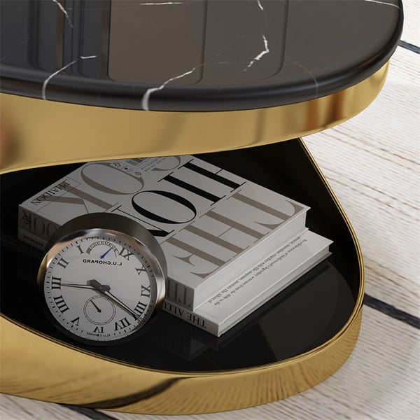 Oval Black Faux Marble Gold Coffee Table with Storage Stainless Steel Modern Accent Table Homary