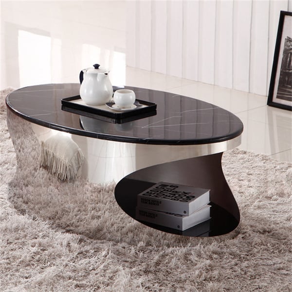 Oval Black Faux Marble Chrome Coffee Table with Storage Stainless Steel