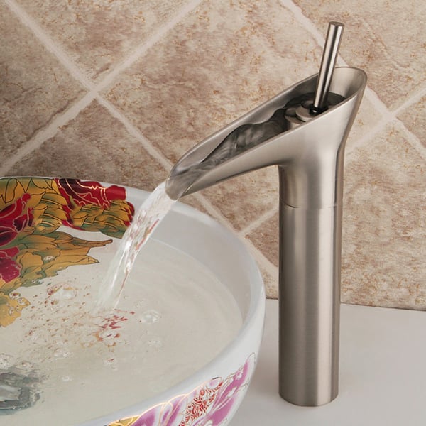 Ashfie Classic 1Hole Single Lever Vessel Sink Waterfall Faucet Solid Brass in Brushed Nickel