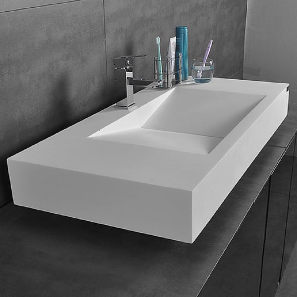 Glossy White Wall-Mount Floating Sink Solid Surface Stone Resin Bathroom V-Shaped Sink