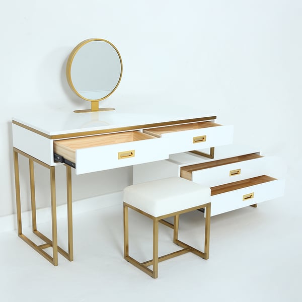 Modern White Makeup Vanity Expandable Dressing Table with Mirror&Stool IncludedHomary