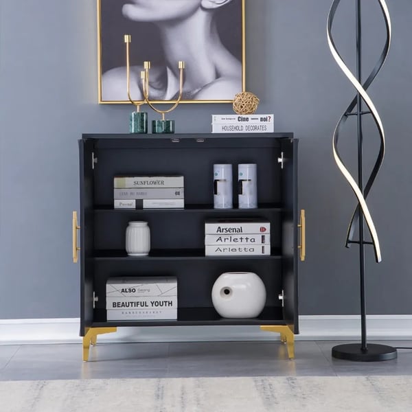 Wovuna Black & White Sideboard Buffet 2 Doors & 3 Shelves Accent Cabinet Gold in Small