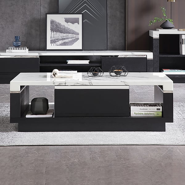 Modern Marble Coffee Table Black & White with Storage & Drawers in Wood ...