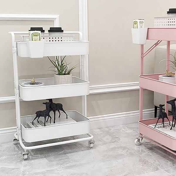 Foldable 3-Tier Bathroom Storage Shelves Rolling Wheels Cart Rack-White ...