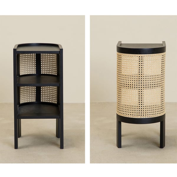 24" Black Nightstand SemiCircle Rattan Bedside Table with 1 ShelfHomary