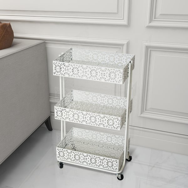 3Tier Modern Metal Bar Cart on Wheels White Homary UK