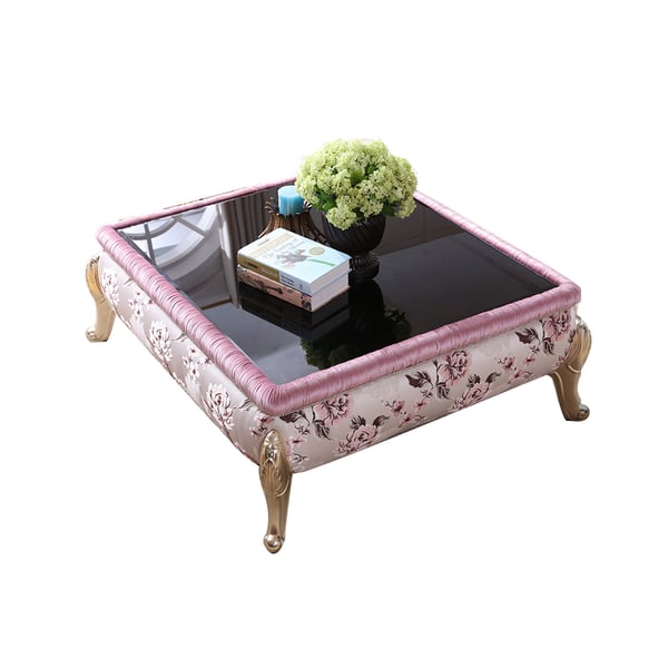 Traditional Square Coffee Table Tempered Glass Top & Wood Legs in Pink Homary