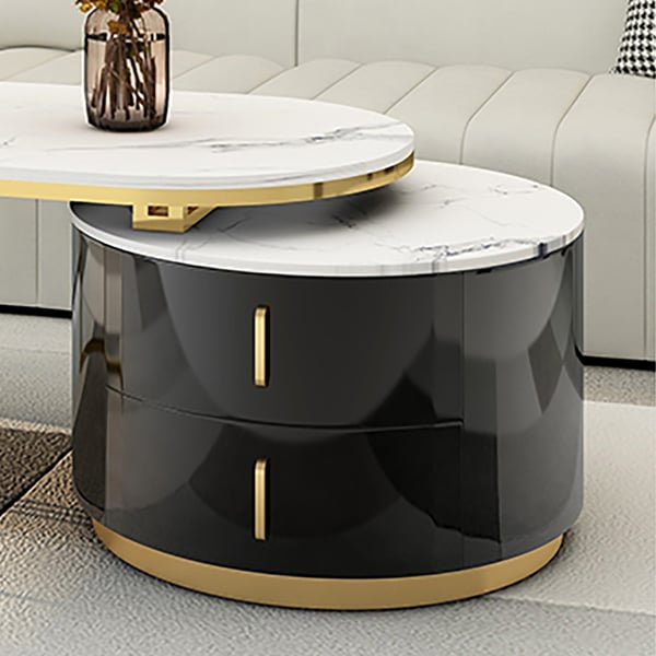 Black Oval Coffee Table with Storage Marble Top & Metal Base-Homary
