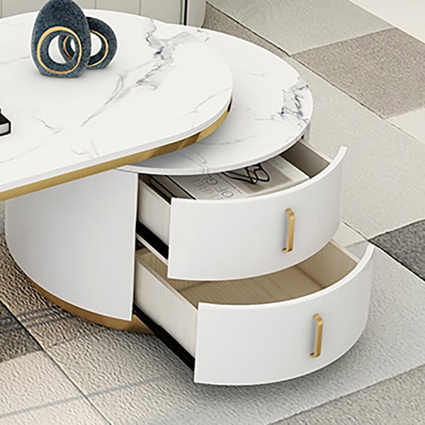 White Oval Coffee Table with Storage Marble Top & Metal Base | Homary