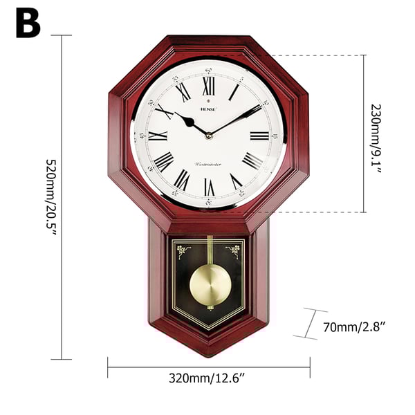 3D Octagon Dial Antique Style Large Wall Clock with Metal PendulumHomary