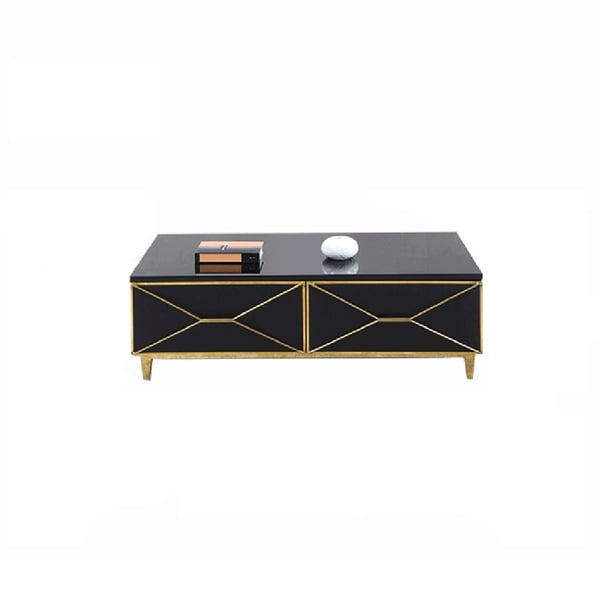 Black Modern Rectangular Coffee Table with Drawers Glass Top-Homary