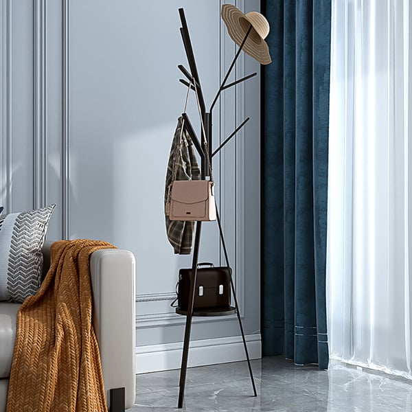 70.9" Black Modern Freestanding Coat Rack Hanging with Shelf Marble