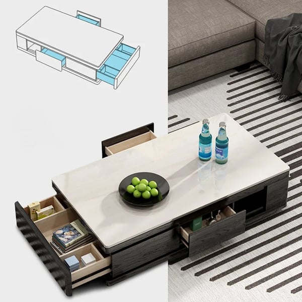Black Rectangle Coffee Table with Storage Modern Faux Marble Accent
