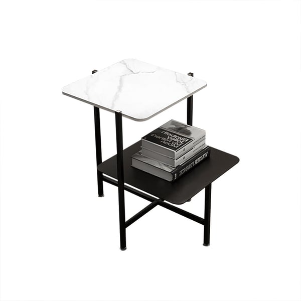 White Side table with Storage Marble Top&Metal Frame 2Tiers Storage