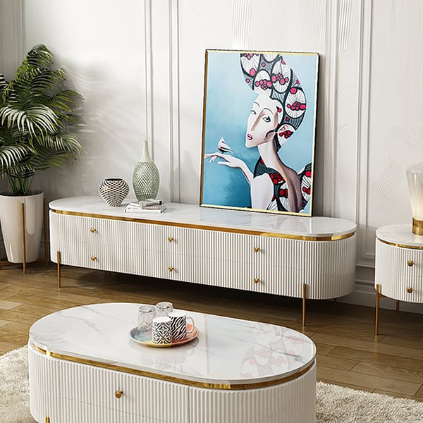 78" White TV Stand Oval Faux Marble Top Media Console with 6 Drawers