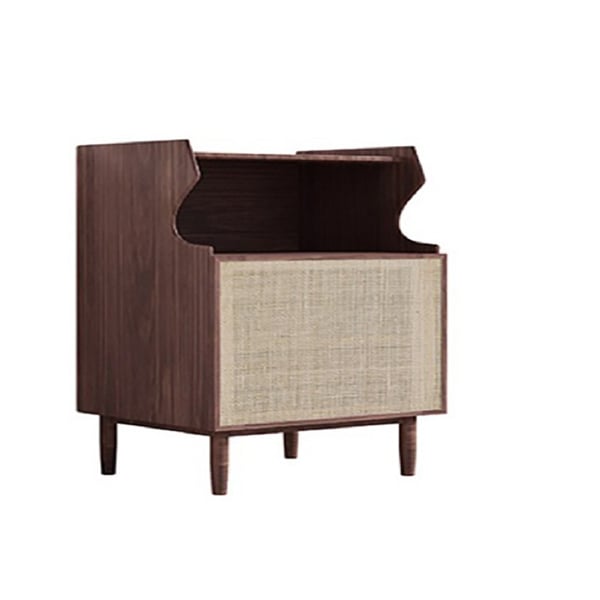Japandi Nightstand 1Drawer 1Shelf Wooden Bedside Table Rattan Woven