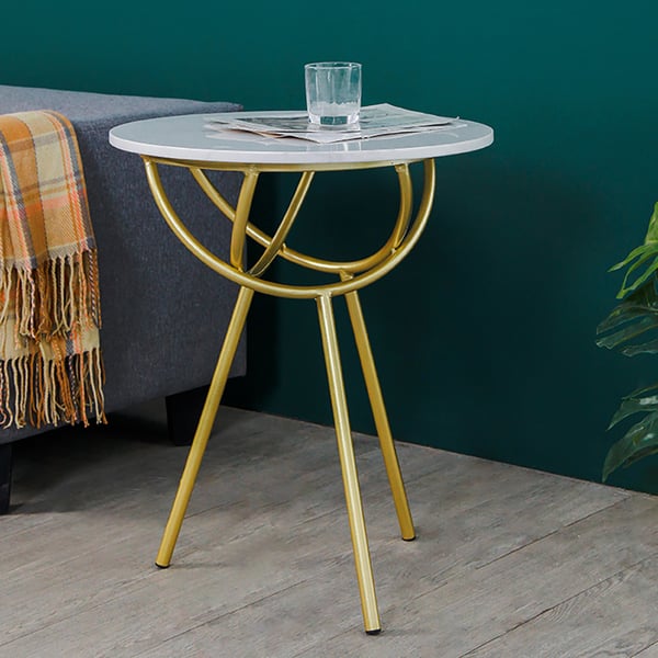 Modern Gold Round End Table Marble Top & Metal Pedestal Small Side