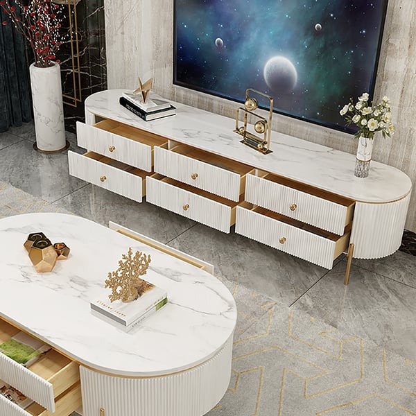 78" White TV Stand Oval Faux Marble Top Media Console with 6 Drawers