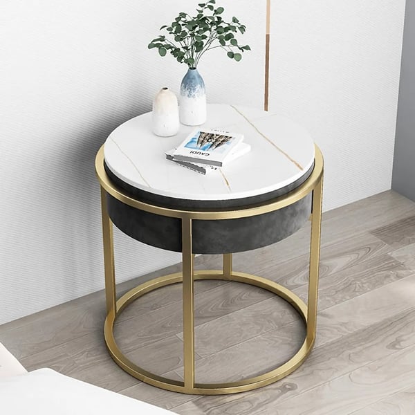 Gray Round Sintered Stone Side Table Velvet Gold Finish Modern End
