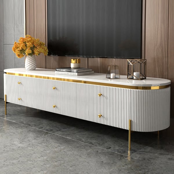 78" White TV Stand Oval Faux Marble Top Media Console with 6 Drawers