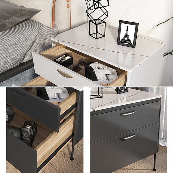 Modern Gray Nightstand Luxury Sintered Stone Top 2Drawer Lacquered Bedside TableHomary
