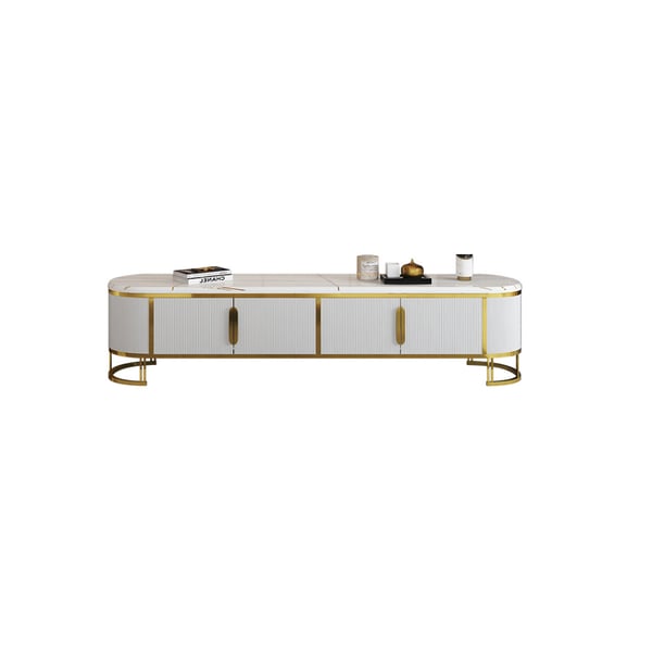 Modern White TV Stand Faux Marble Top 4Door 2Shelf Media Console Gold