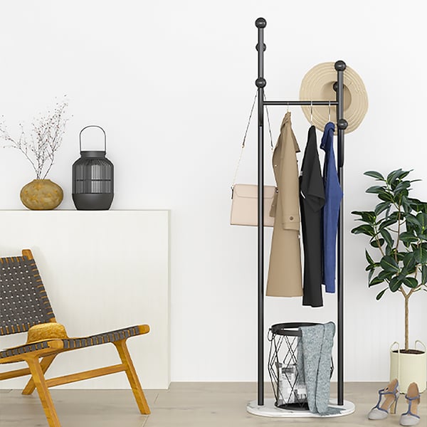1700mm Contemporary Rail Coat Stand with Hooks & Basket and Marble Base