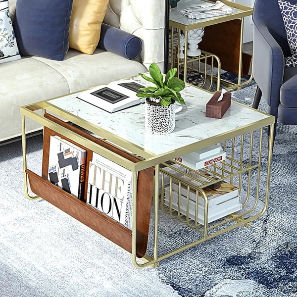 Modern Coffee Table with Shelves & Storage Marble Top White-Homary