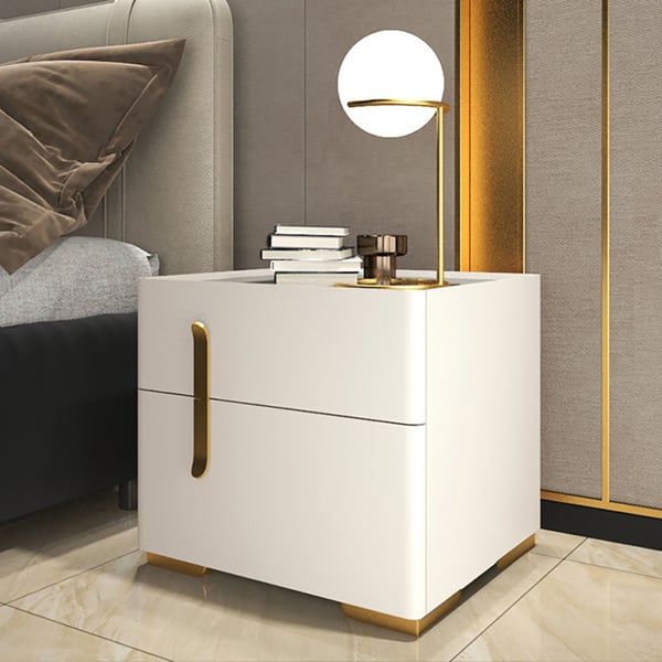 Modern White Nightstand Sintered Stone Top Bedside with 2