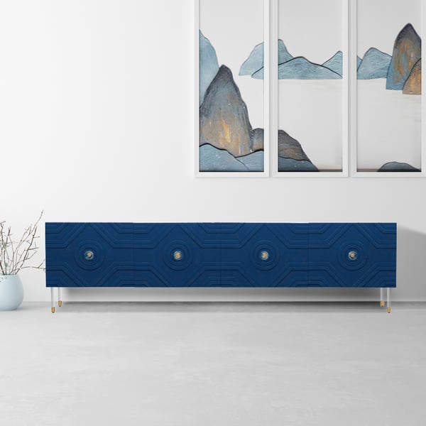 Blue TV Stand for 75" TVs with Storage 4 Door Acrylic Accent Homary