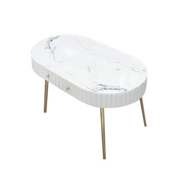 White Oval Dining Table with Drawer Marble Top & Metal Legs Homary