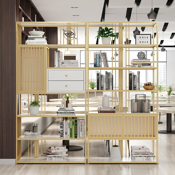 Contemporary Line Solid Wood Etagere Bookshelf in Gold & White Homary