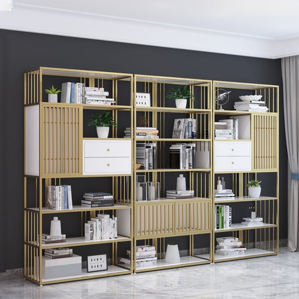 Contemporary Line Solid Wood Etagere Bookshelf in Gold & White Homary