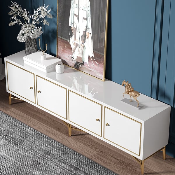 Fern White and Gold TV Stand with Storage For TVs Up To 75" 4 Doors Mid