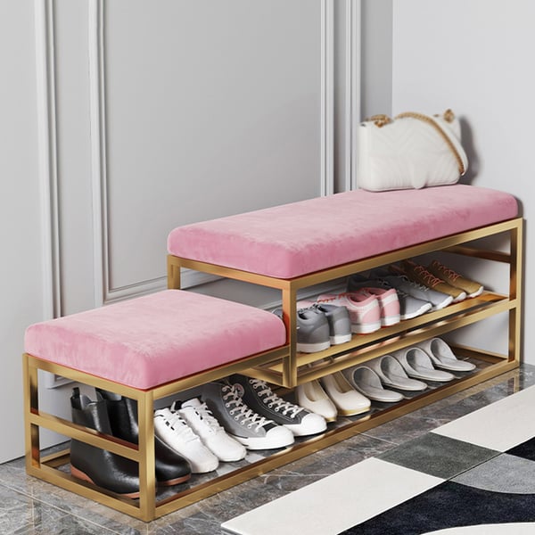 Modern Entryway Bench with Shoe Storage Velvet Upholstered BenchPink